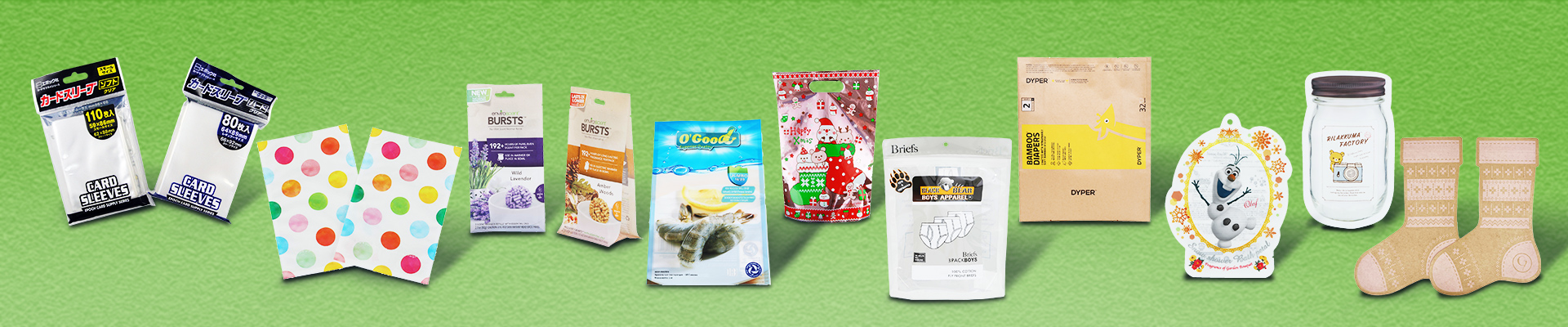 Banner image on the bags/pouches navigation page showing various beautifully packaged products.